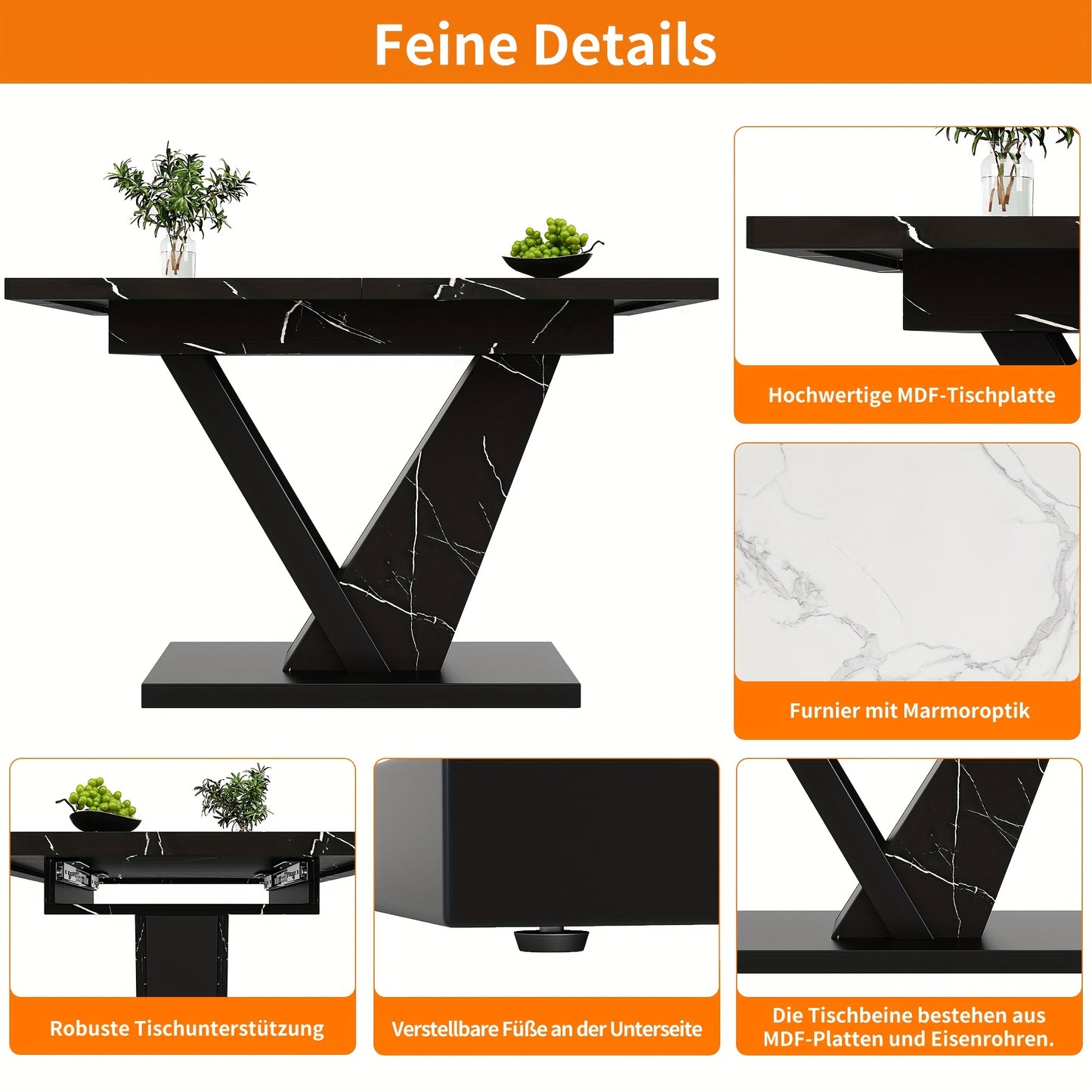 Uitschuifbare Eettafel – Verstelbare Tafel – Keukentafel – Uitbreidbare Tafel – Eettafel Zwart Marmerpatroon – 120-160 cm Uitbreidbaar – Krasbestendig & Onderhoudsvriendelijk