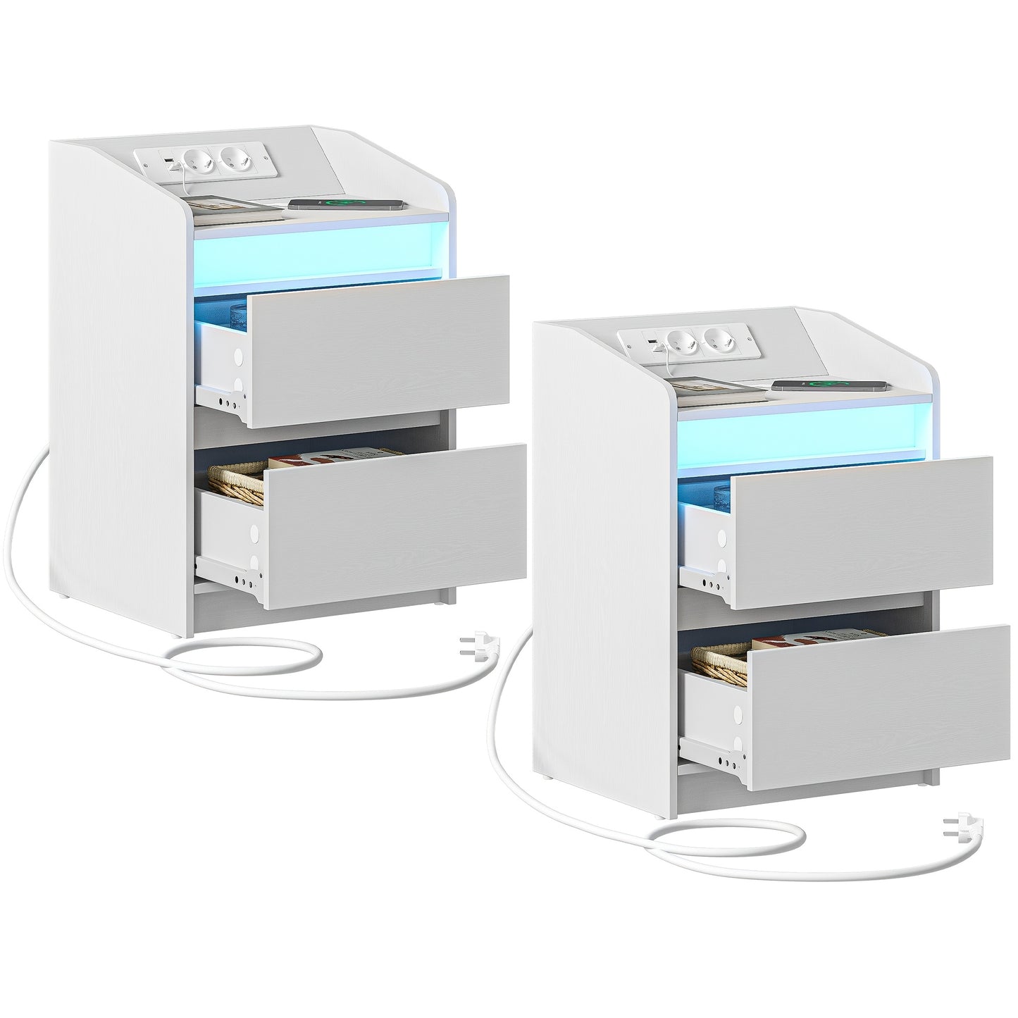Nachtkastje – Bijzettafel – Ladekastje – Opbergkast – Nachtkast – Set Van 2 – Met LED-verlichting – USB- en Stopcontacten – Wit – 35x40x58 cm – Spaanplaat