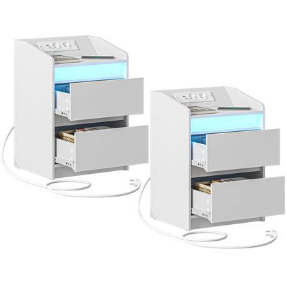 Nachtkastje – Bijzettafel – Ladekastje – Opbergkast – Nachtkast – Set Van 2 – Met LED-verlichting – USB- en Stopcontacten – Wit – 35x40x58 cm – Spaanplaat