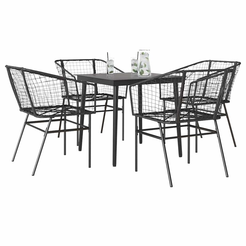 5-delige tuinset – tuintafel set – tuinmeubilair – tuinmeubels – buitentafel – zwart poly rattan – gehard glazen blad – duurzaam metalen frame