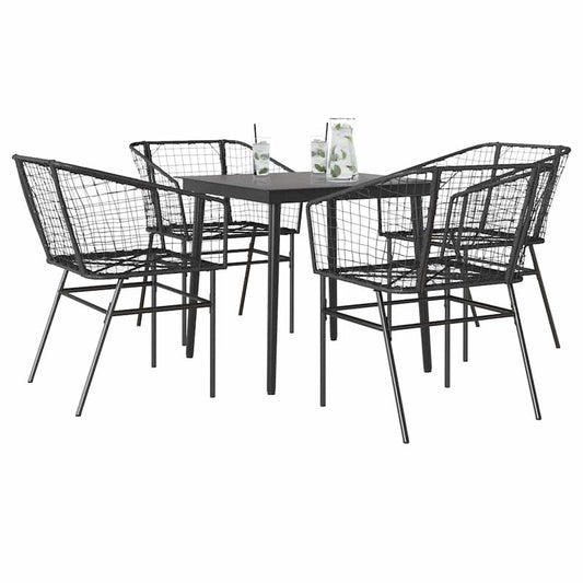 5-delige tuinset – tuintafel set – tuinmeubilair – tuinmeubels – buitentafel – zwart poly rattan – gehard glazen blad – duurzaam metalen frame