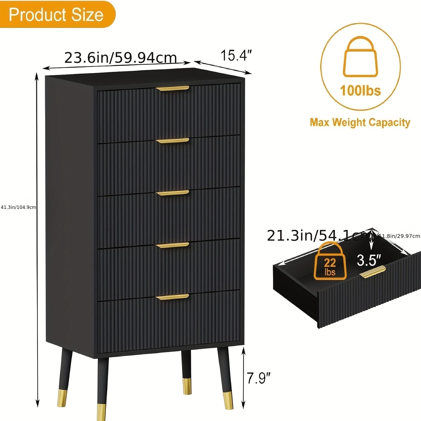 Ladekast 5 Lades – Ladekasten – Dressoir – Opbergkast – Nachtkastje – Zwart MDF – Compact 60x40x105 cm – Modern Minimalistisch Design