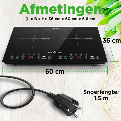 Inductiekookplaat – Elektrische Kookplaat – Vrijstaande Kookplaat – Draagbare Kookplaat – 2 Kookzones – Keramisch Glas – Kinderslot Veiligheid – 230V Aansluiting