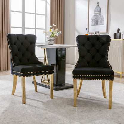Eetkamerstoel – Stoel – Kuipstoel – Designstoel – Zithoekstoel – Zwart Fluweel – Gouden Roestvrijstalen Poten – Ronde Rugleuning Met Nagelrand – Dikke Gevoerde Zit – Comfortabel & Stijlvol