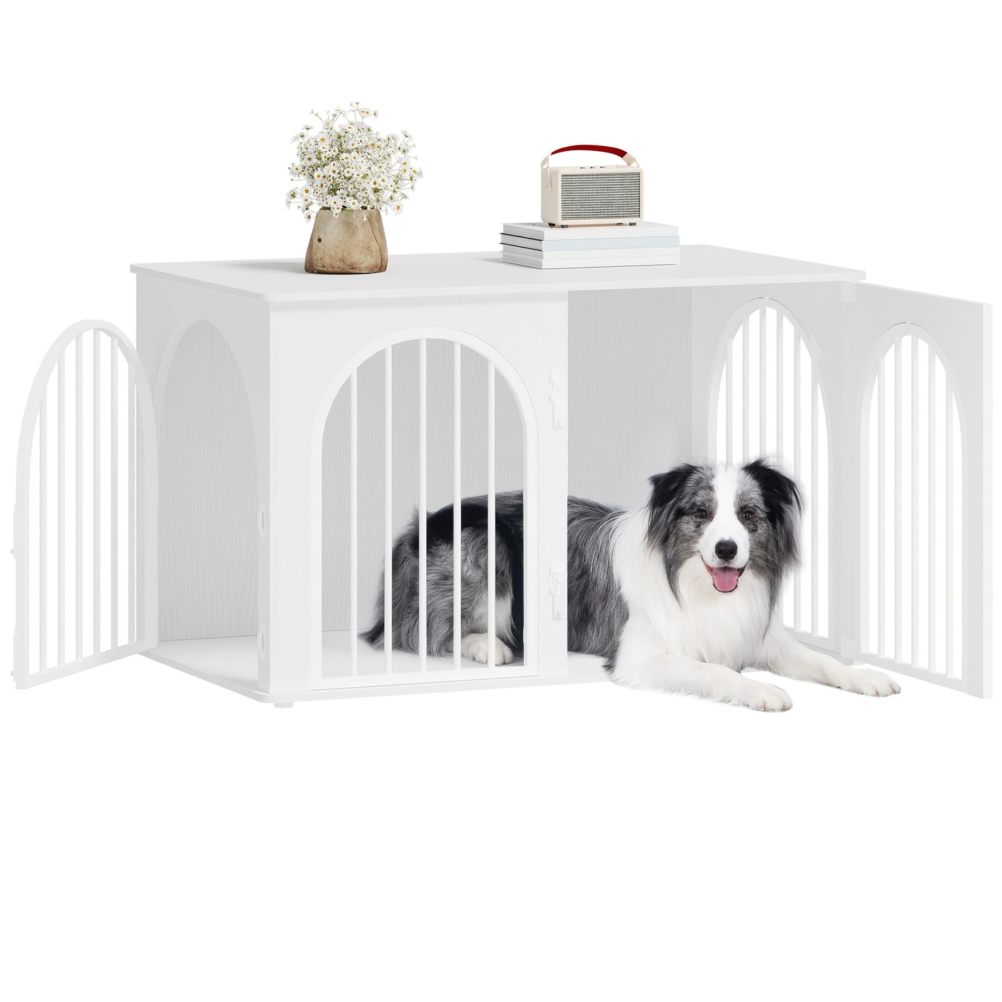 Hondenbench – Hondenkooi – Huisdiervangkooi – Hondenkennel – Hondenschuur – Middelgrote Honden – Wit – 3-Deurs Boogvormige Deur – Stevig Metalen Frame – Multifunctioneel Meubelstuk – 60x100x63 cm