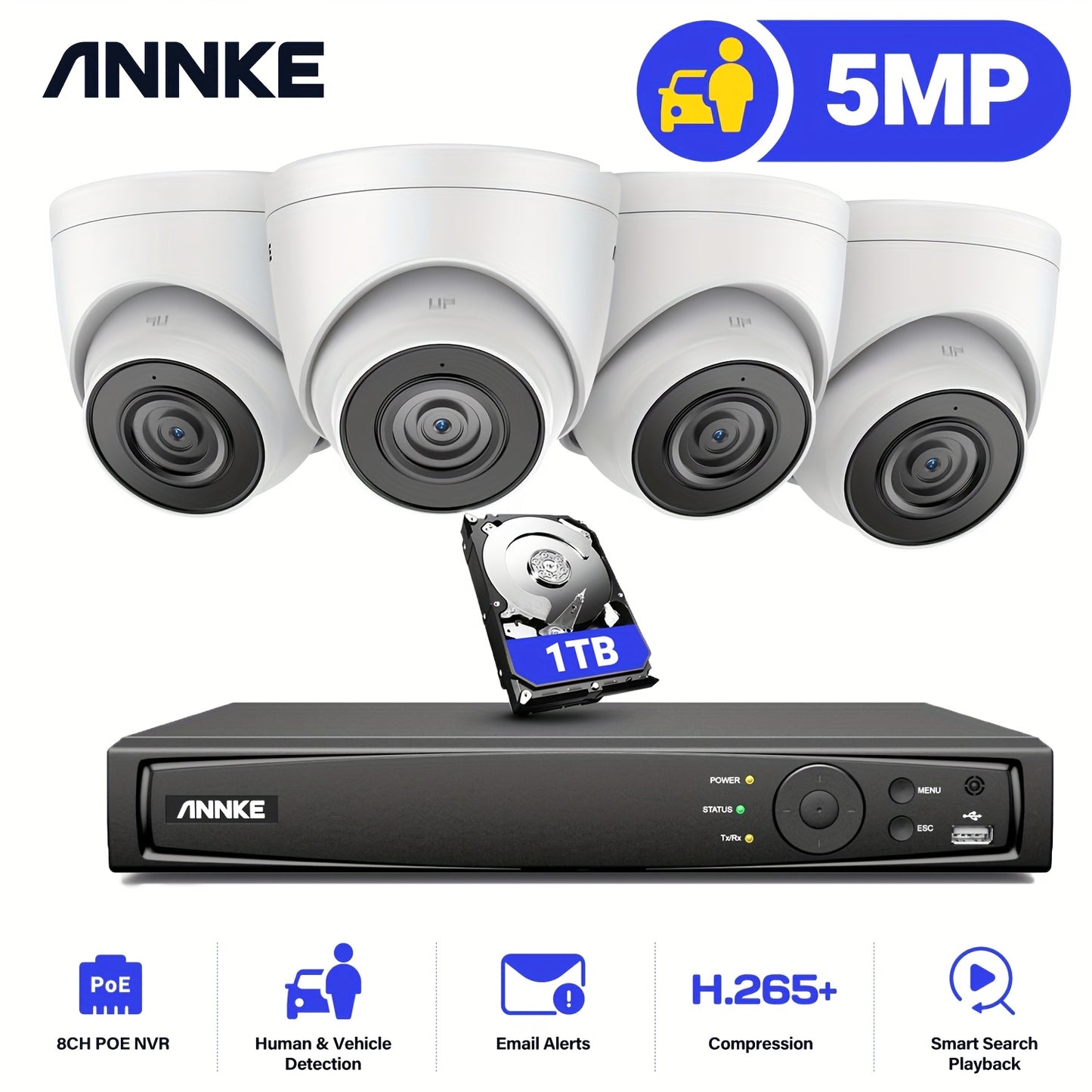 IP Beveiligingssysteem – Bewakingscamera – CCTV Set – NVR Beveiliging – 3K 6MP Resolutie – Mens- en Voertuigdetectie – PoE Aansluiting – 1TB HDD Inclusief