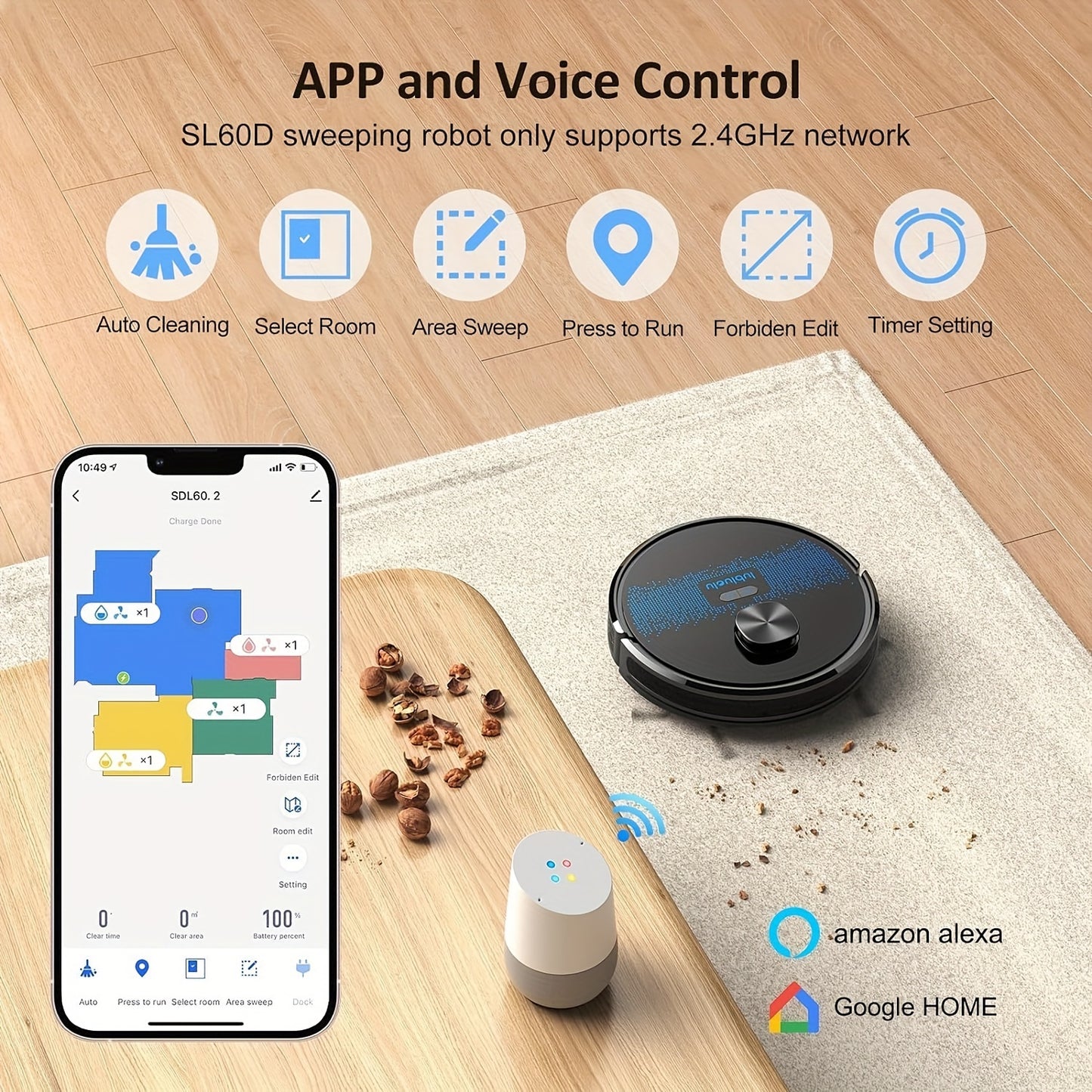 Robotstofzuiger – Robotvacuum – Dweilrobot – Stofzuigrobot – Slimme Robot – 4000Pa Zuigkracht – 150 Minuten Gebruikstijd – 24 No-Go Zones – Stil 56dB