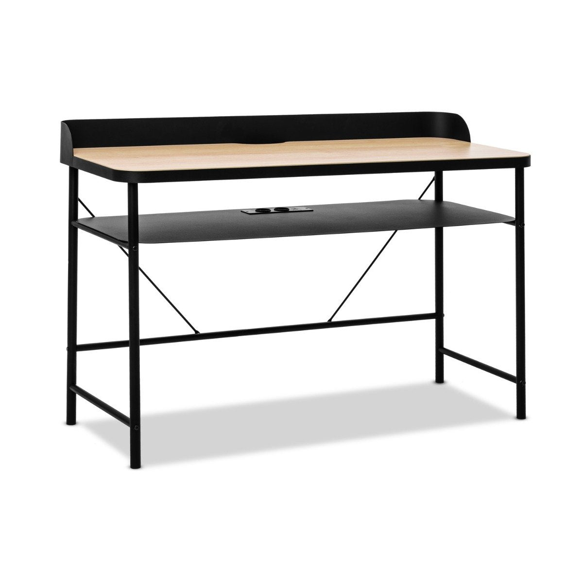 Bureau – Werktafel – Schrijftafel – Computertafel – Laptoptafel – 120x50 cm – Metaal Met Houten Blad – 2 Schuko Stopcontacten + 2 USB Poorten