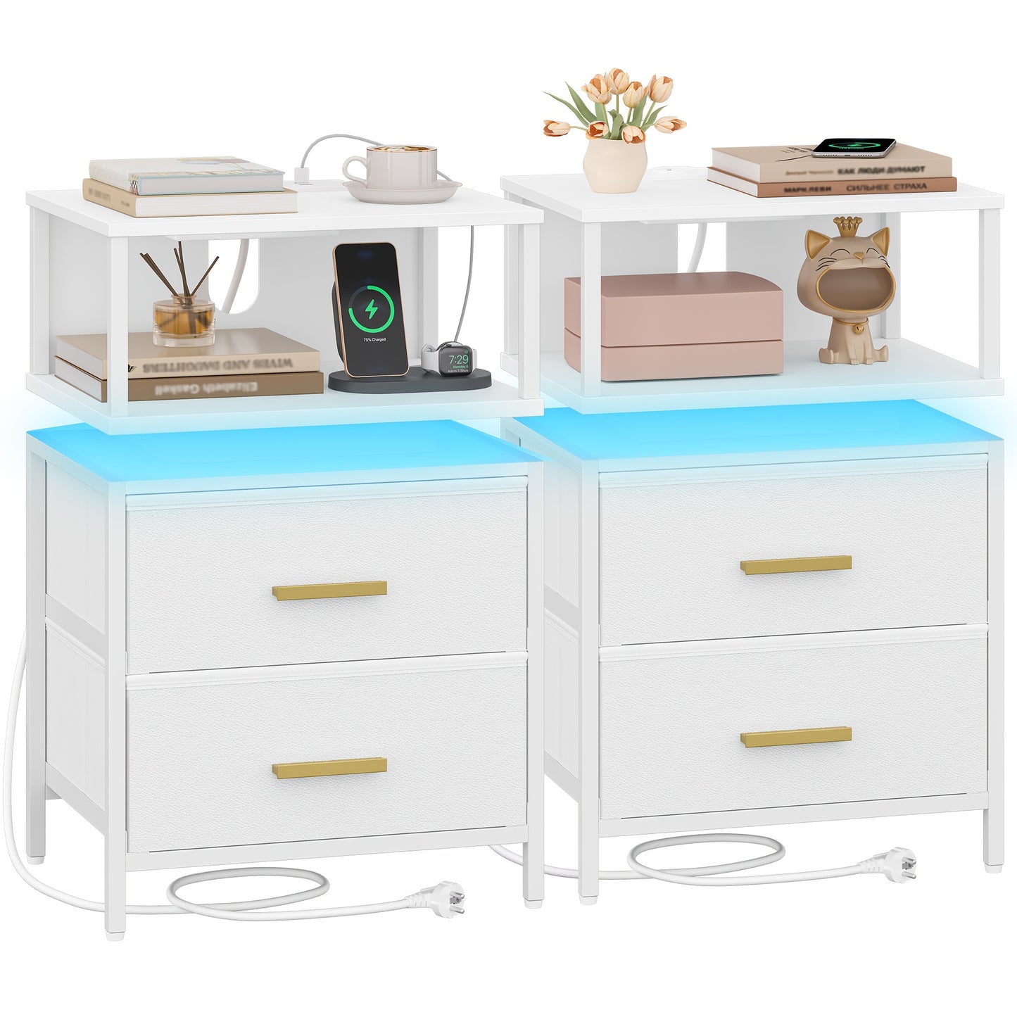 Bedside Table – Nachtkastje – Bijzettafel – Opbergtafel – Side Table – Met 2 Stoffen Laden – Modern Wit – 30x40x60,5 cm