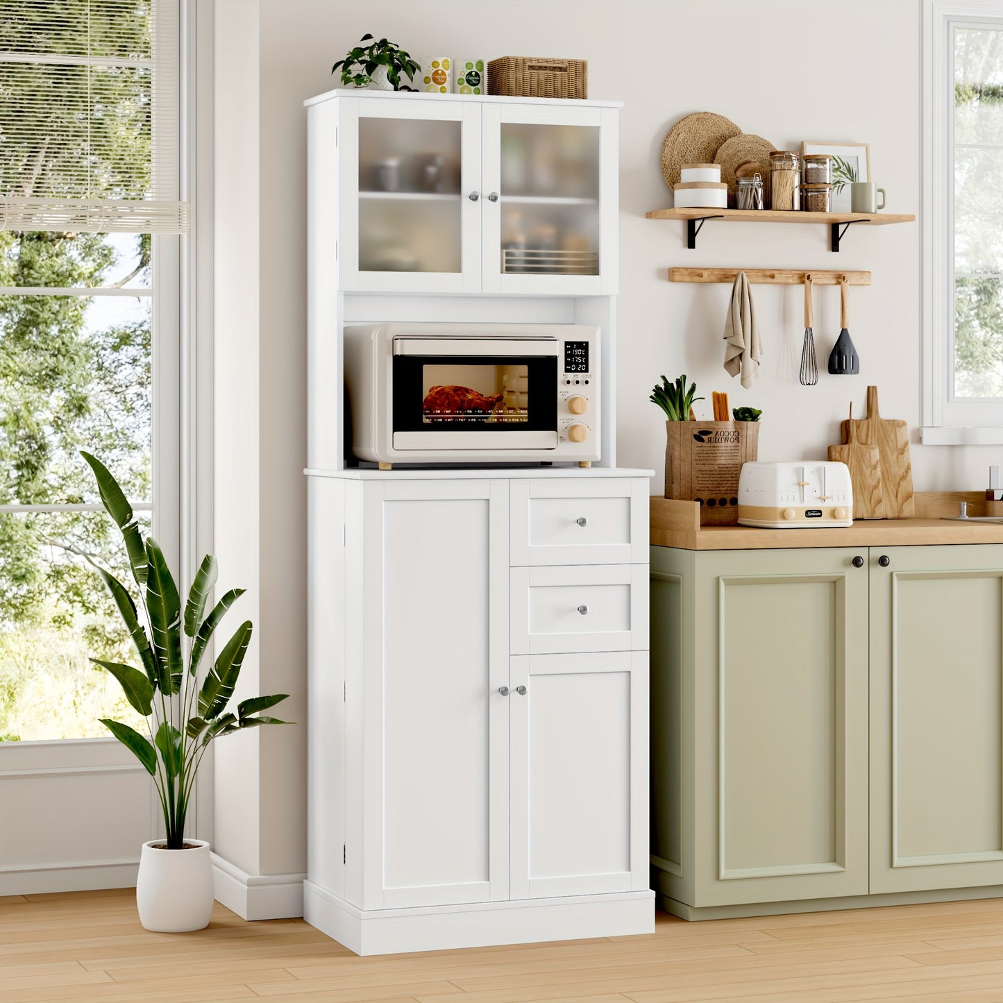 Keukenkast – Keukenbuffet – Opbergkast – Kast – Keukenmeubel – Wit – Matglas Deuren – 7 Verstelbare Planken – MDF – Ruim Werkblad 68,5 cm