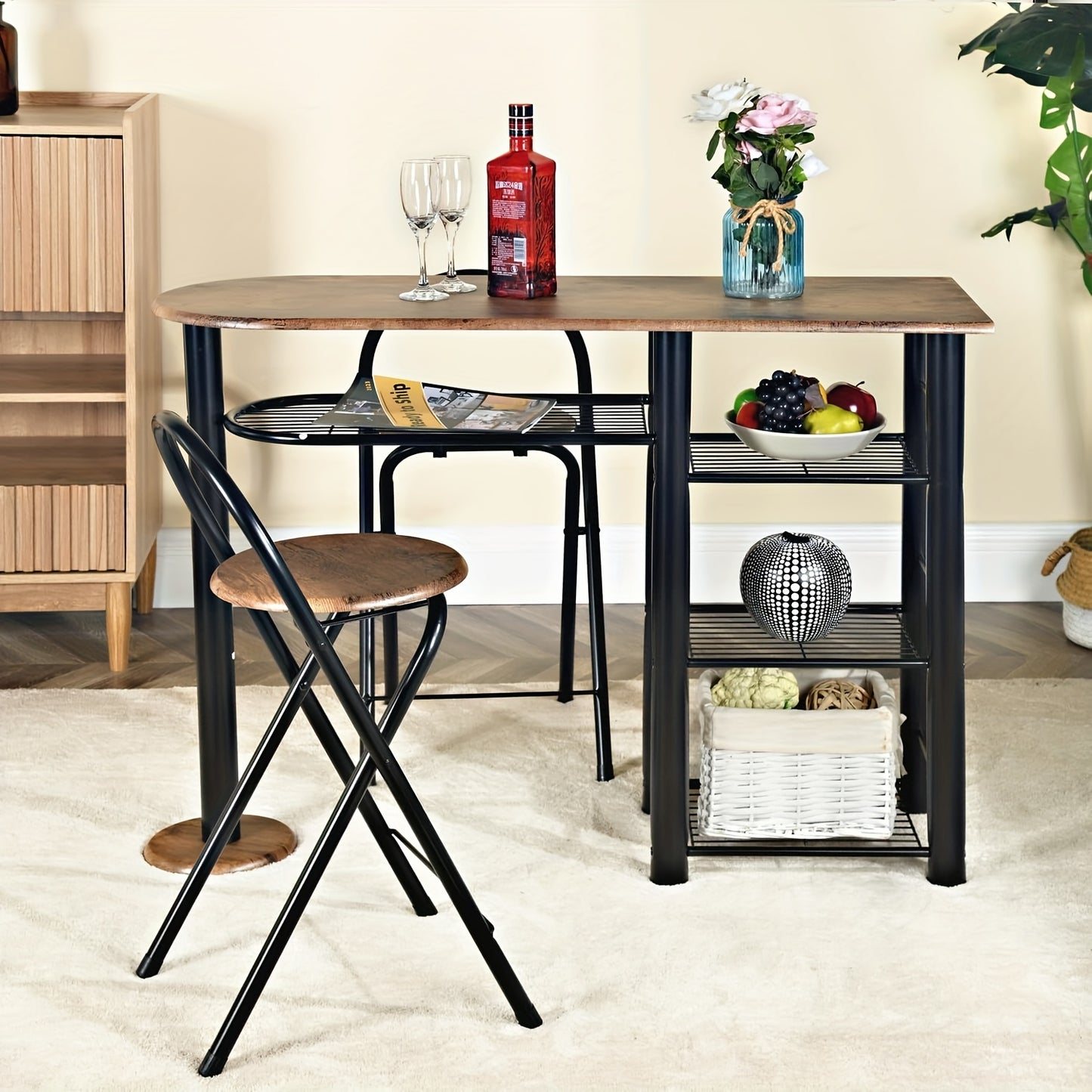 Eettafel – Tafel – Keukentafel – Eethoek – Kloostertafel – Industrieel Design – Massief Hout Met Opbergruimte – Inklapbare Krukjes – Bruin