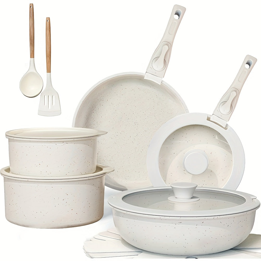 Keramische Kookset – Pannenset – Kookpannen – Keukengerei – Serviesset – 17-delig – Inductie Geschikt – Afneembare Handgrepen