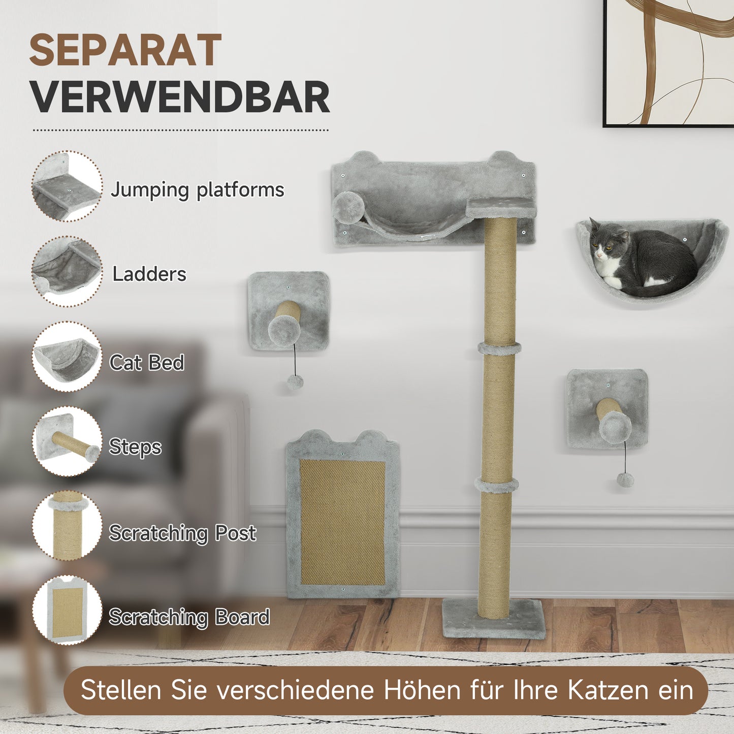 Wandklimset Kat – Muurklimset Katten – Krabpaal – Krabmat – Kattenmand – Lichtgrijs – Ruimtebesparend – Duurzaam Sisal