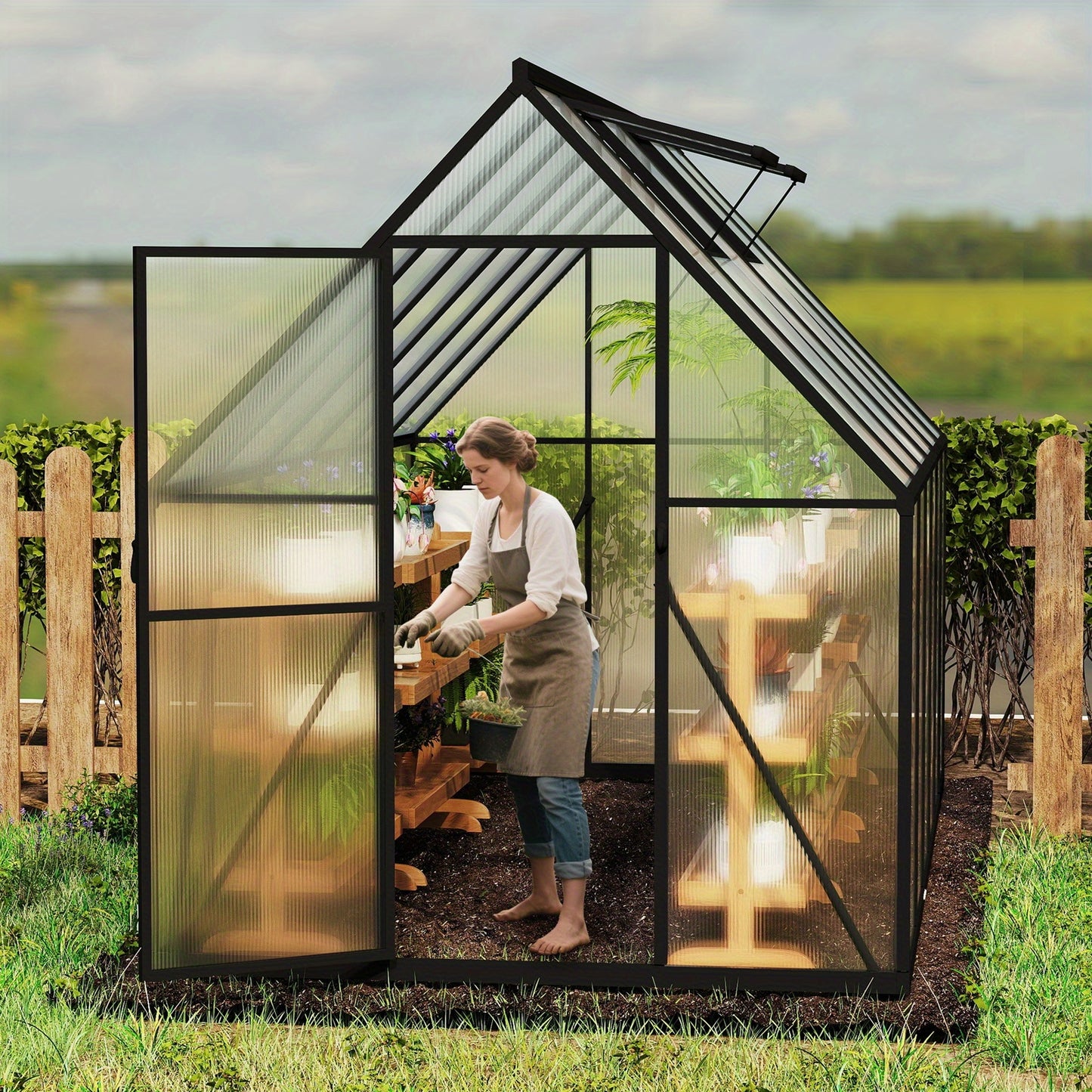 Kas – Serre – Plantenhuis – Tuinkas – Broeikas – Aluminium Frame – Verzinkte Stalen Fundering – Schuifdeur & Dakraam – 340x180x195 cm – 4 mm Polycarbonaat – Weerbestendig & Duurzaam - QUORE