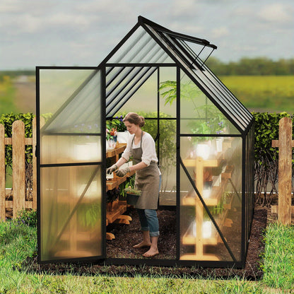 Kas – Serre – Plantenhuis – Tuinkas – Broeikas – Aluminium Frame – Verzinkte Stalen Fundering – Schuifdeur & Dakraam – 340x180x195 cm – 4 mm Polycarbonaat – Weerbestendig & Duurzaam - QUORE