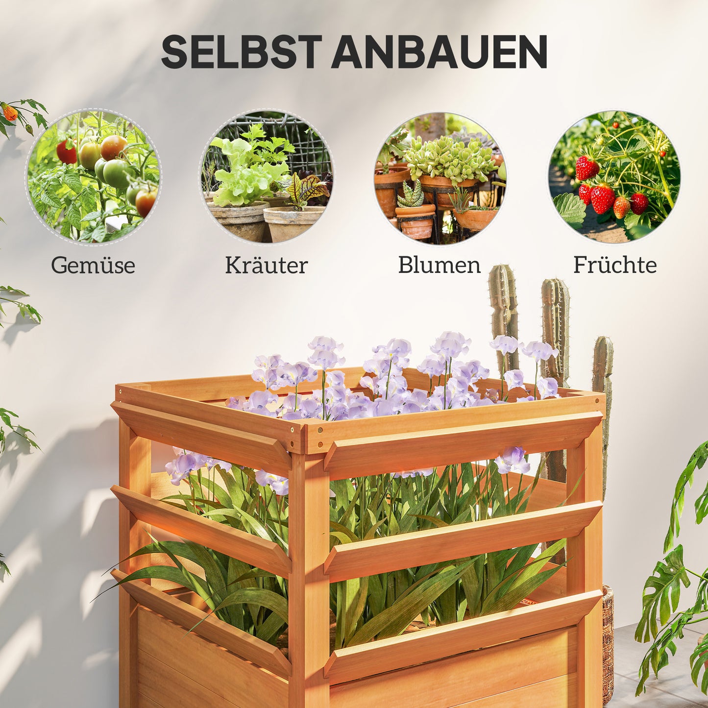 Raised Garden Bed with Trellis, Wooden Planter Box with Climbing Frame, 65 x 65 x 60 cm, Caramel Brown