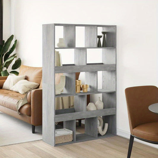 Spacious Gray Wooden Room Divider - 99.06cm x 33.02cm x 154.94cm - Perfect for Office, Bedroom, Living Room, Study - Durable Concrete-Treated Wood, Multi-Compartment Design, Room Space Divider|Minimalist Shelf Design|Sleek Co