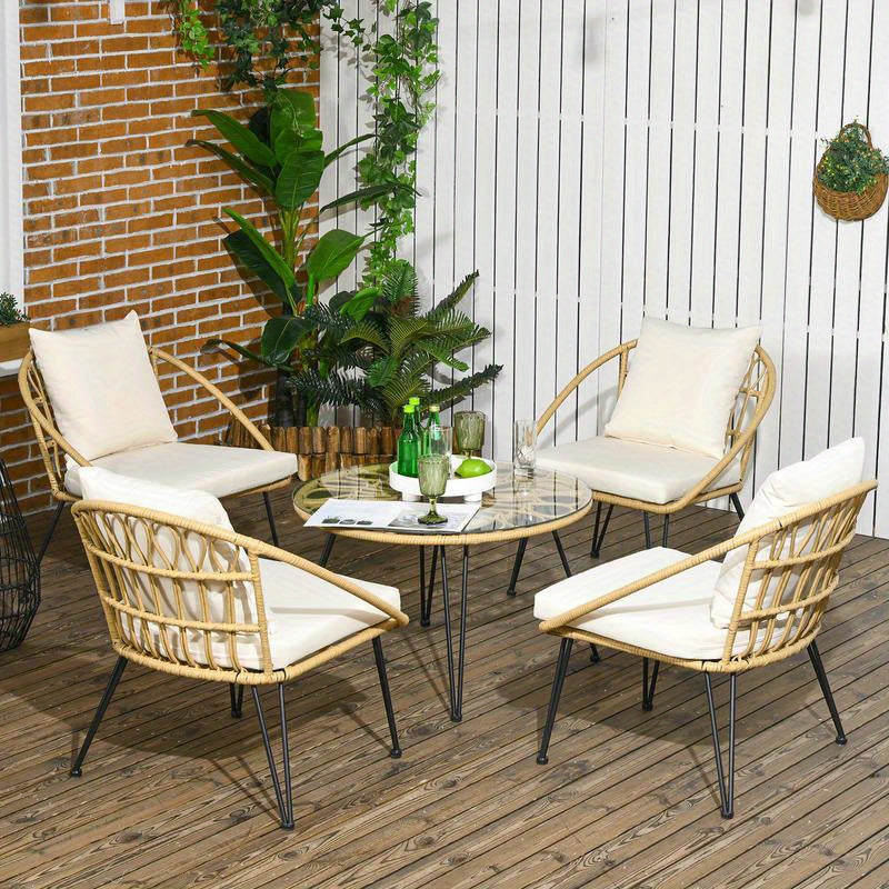 5-Teilige Gartensitzgruppe, Boho-Stil, 1 Esstisch &Amp; 4 Stühle, Auflagen, Polyrattan, Beige/Natur, Moderne Küchenmöbel, Schneller Aufbau, Platzsparend, Esstisch Im Landhausstil Geeignet Für Wohnzimmer, Esszimmer, Küche