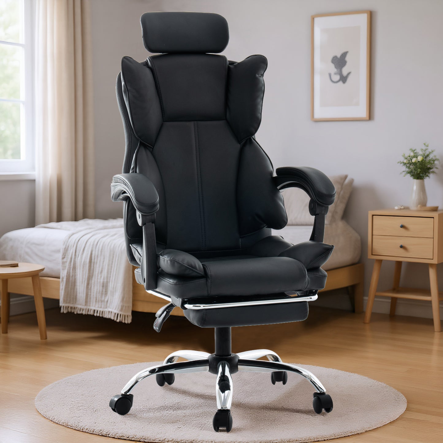 Gamingstoel – Bureaustoel – Kantoorstoel – Gamestoel – Computestoel – Verstelbaar in Hoogte – PU Leer Met Zachte Schuimvulling – Zwart Met Wit Randje – Ergonomische Rugondersteuning – 5-Wiel Basis Voor Tapijt