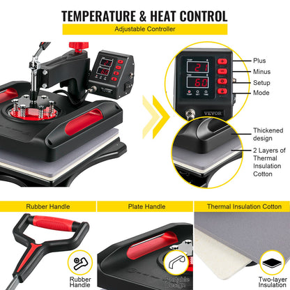 5-in-1 Hittepers – Hittepers Machine – Sublimatiepers – Transferpers – T-shirt Pers – 38x38 cm Hitteplaat – Dual-Tube Verwarming 1000W