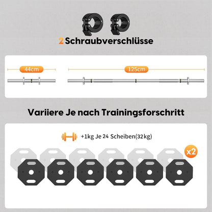 Verstelbare Halterset – Dumbbell Set – Krachttraining Gewichten – Curlstang – Rechte Stang – 32 kg Totaalgewicht – Robuust Stalen Design