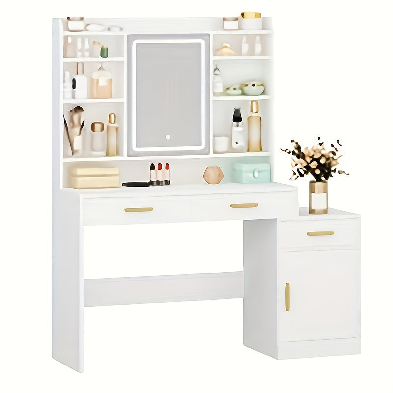 Kaptafel – Make-up Tafel – Cosmetica Tafel – Schoonheidstafel – Verzorgingstafel – Groot Tafelblad – 3 Lades en Kast – Open Planken – Witte MDF – 130x40x149 cm