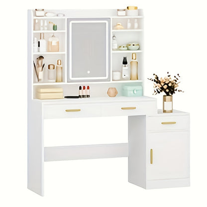 Kaptafel – Make-up Tafel – Cosmetica Tafel – Schoonheidstafel – Verzorgingstafel – Groot Tafelblad – 3 Lades en Kast – Open Planken – Witte MDF – 130x40x149 cm