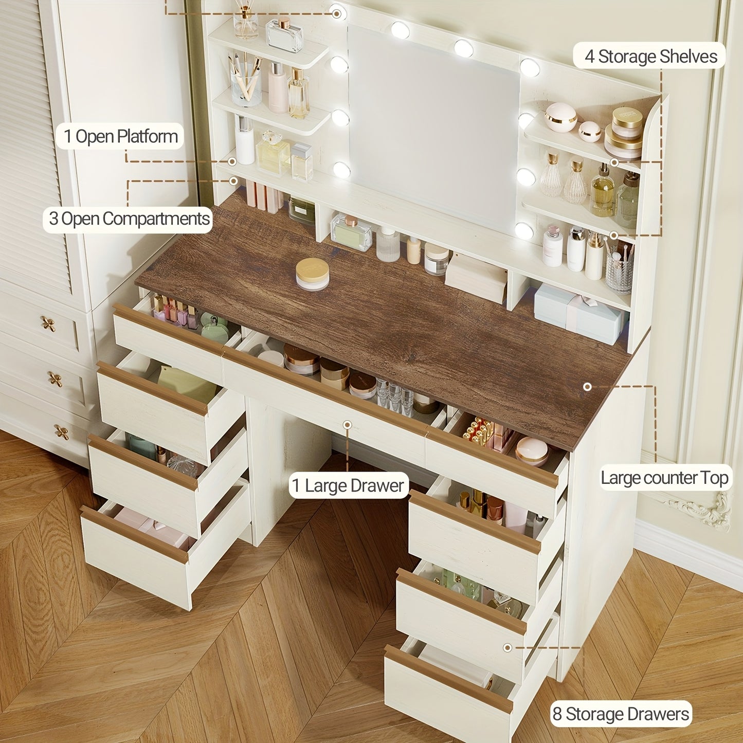 Make-up Tafel – Kaptafel – Visagie Tafel – Makeup Bureau – Dressing Table – Wit met Gouden Accenten – 10 LED-lichtbollen met Instelbare Kleur en Helderheid – Groot HD Spiegeloppervlak