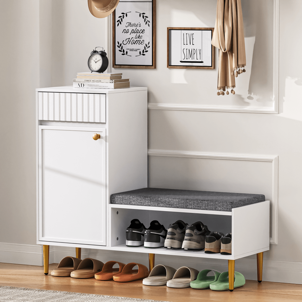 Modern Shoe Cabinet with Bench, 1 Door, 1 Drawer, 1 Open Storage Compartment, Padded, White, Dimensions: 100 × 35 × 82.2cm (Width × Height × Depth), Entryway Storage, Modern Furniture, Sleek Design, Padded Surface, Multif