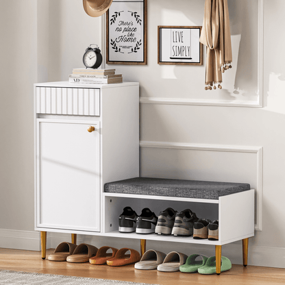 Modern Shoe Cabinet with Bench, 1 Door, 1 Drawer, 1 Open Storage Compartment, Padded, White, Dimensions: 100 × 35 × 82.2cm (Width × Height × Depth), Entryway Storage, Modern Furniture, Sleek Design, Padded Surface, Multif