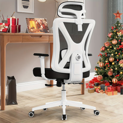 Ergonomische Bureaustoel – Bureaustoel – Desk Chair – Office Chair – Werkstoel – Wit – Verstelbare Hoofdsteun & Lendensteun – 130° Kantelfunctie & RVS Frame