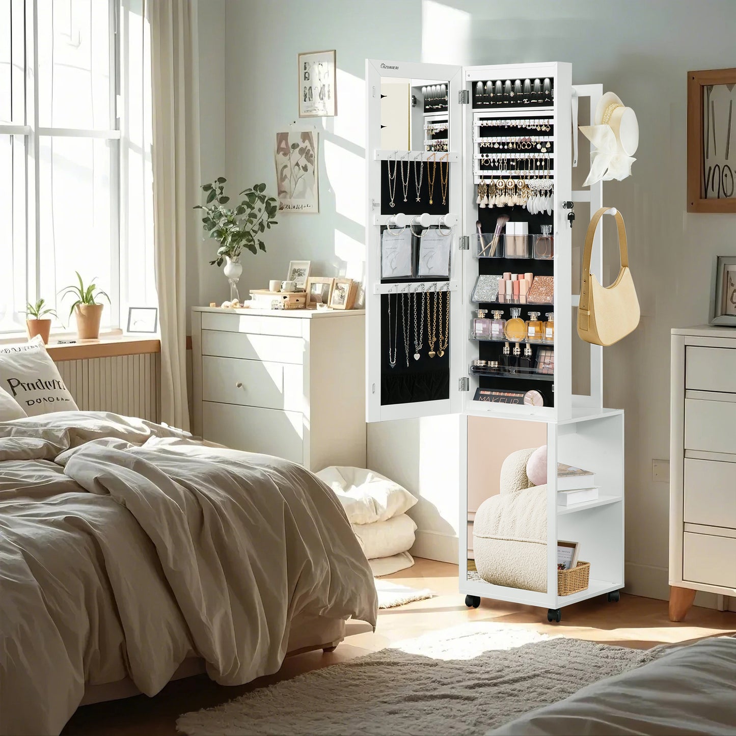 Verticale Sieradencabinet – Sieradenkastje – Spiegelkast – Organizer – Accessoirekast – Met Slot en Wieltjes – MDF met Fluwelen Voering – 36x40x170 cm – Wit/zwart
