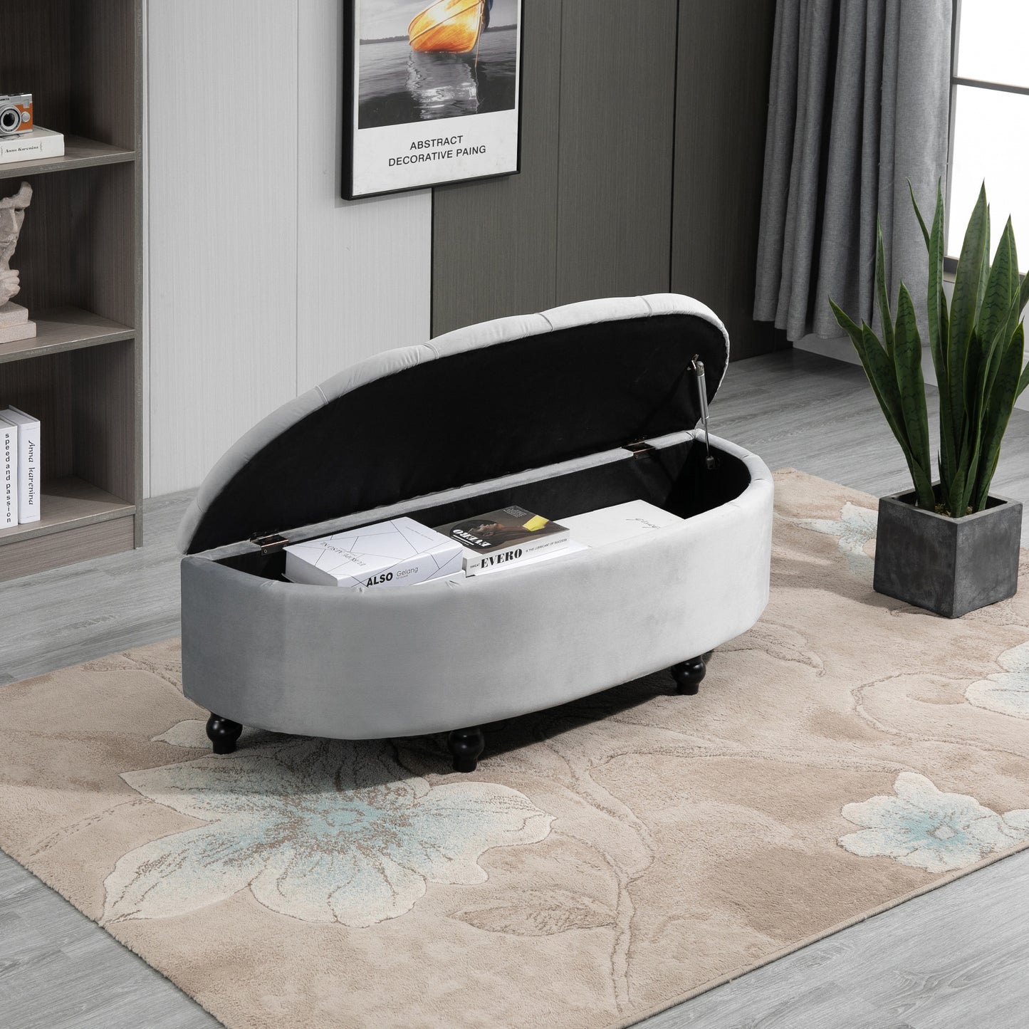 Poef – Opbergpoef – Hocker – Voetenbank – Bankje – Grijze Velvet Bekleding – Zwarte Rubberhouten Pootjes