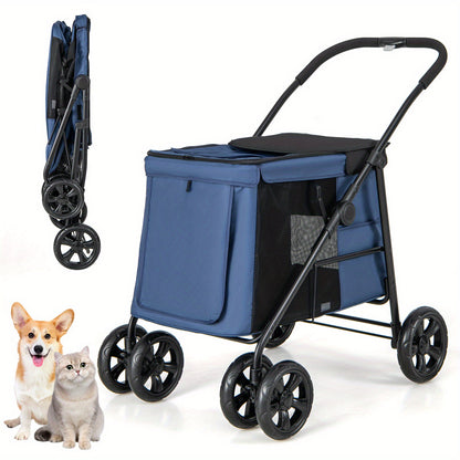 Hondenwagen – Hondenbuggy – Hondenkar – Hondenbuggy Opvouwbaar – Blauw – Geschikt Tot 40 Kg – Met Mesh Ramen & Kussen