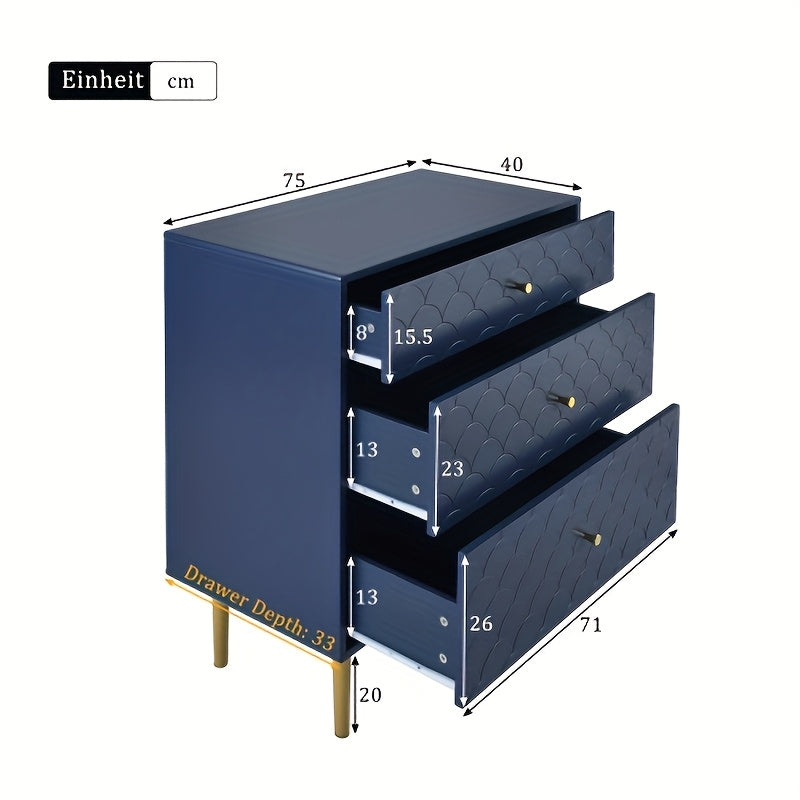 Ladekast – Ladenkast – Commode – Dressoir – Opbergkast – Navy Blauw Met Gouden Poten – 3 Lades – Stabiele Metalen Constructie – Compact 89 cm Hoog