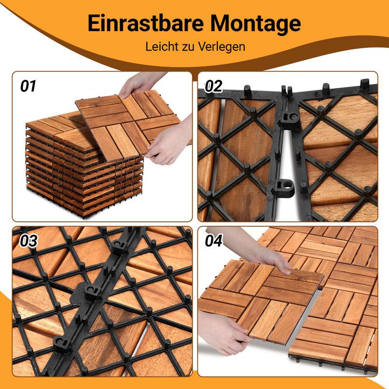Terrace Tiles Decking Tiles 30 x 30 cm Tiles Balcony Tiles, Brown for Balcony, Garden, Saunas, Swimming Pools Wooden Floor with 6 Slats/12 Slats, Set of 11/22/33 Tiles for 1 m²/2 m²/3 m²