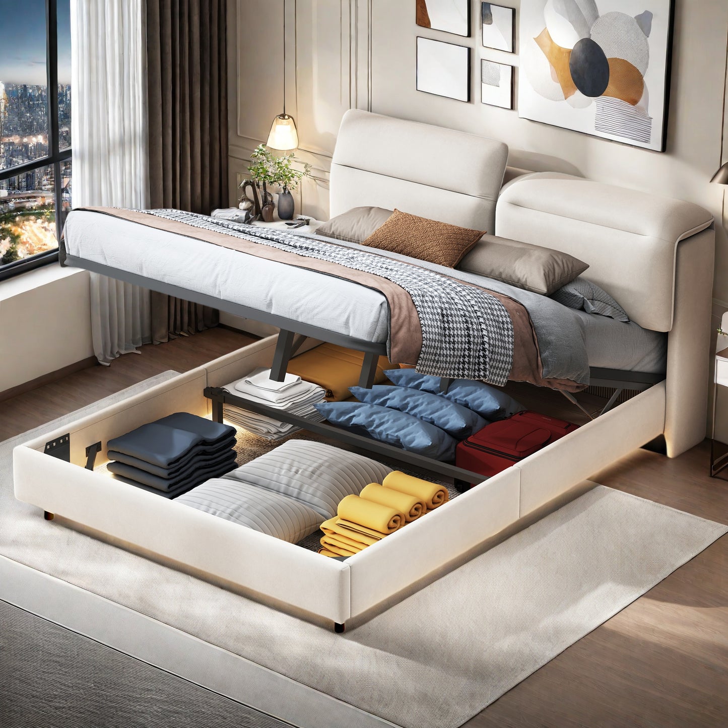 Tweepersoonsbed – Bed – Slaapbank – Opbergbed – Boxspring – 160x200 cm – Fluwelen Hoofdbord – Ingebouwde LED-Verlichting en USB Oplaadpoorten