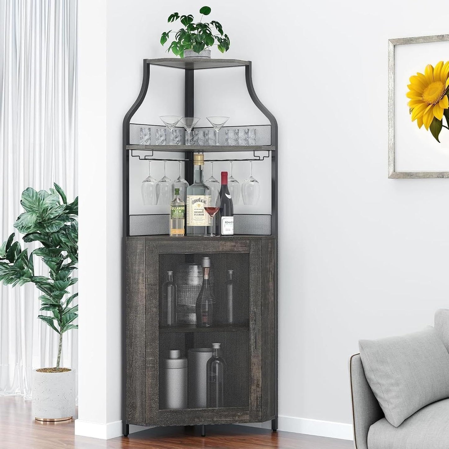 Modern Wine & Liquor Corner Bar Cabinet with Glass Rack - -Standing Storage Cabinet Suitable for Living Room, Dining Room - Wine Shelf with Mesh Door & Assembly Required