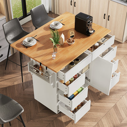 Modern White Mobile Kitchen Island with Worktop & 8-Drawer Storage Cart Castors - Heavy-Duty Serving Trolley with Spice Rack, Assembly, Space-Saving Cabinet for Small Kitchens, Dining & Living Room Furniture (Non-Wood)
