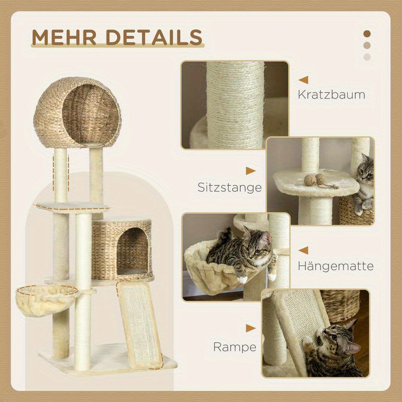 Scratch tree, with cat house, multiple platforms, hammock, scratching mat, tipping protection, beige, 60 x 60 x 150cm, Pet Scratching Post, Indoor Cat Tree, Multilevel Platforms, Cozy Cat House, Scratchresistant Material, Hig