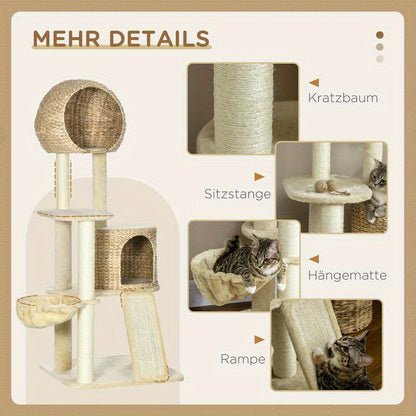 Scratch tree, with cat house, multiple platforms, hammock, scratching mat, tipping protection, beige, 60 x 60 x 150cm, Pet Scratching Post, Indoor Cat Tree, Multilevel Platforms, Cozy Cat House, Scratchresistant Material, Hig