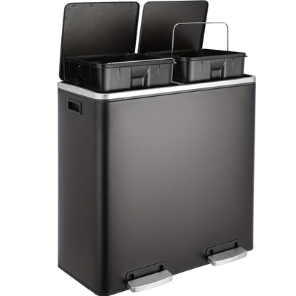 Prullenbak – Afvalbak – Vuilnisbak – Pedaalemmer – Afvalscheidingsprullenbak – 60 Liter – Met Dubbele Compartimenten – Soft Close Deksel – Matzwart