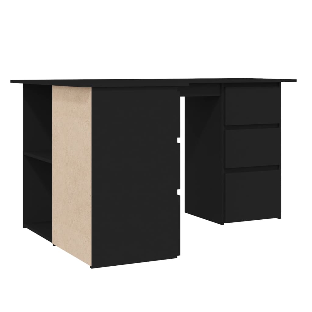 Hoekbureau – Bureau – Computertafel – Werkplek – Bureautafel – Hoogwaardig Vochbestendig Hout – 4 Lades Met 2 Kastdeurtjes – Mat Zwart