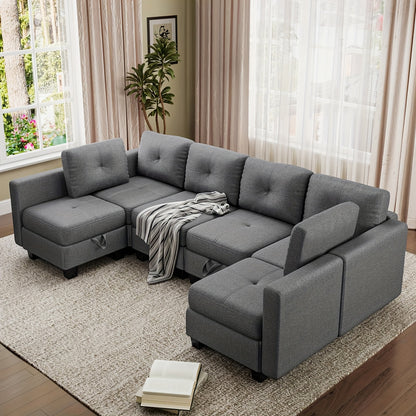 Modulaire U-vormige Hoekbank – Sectional Bank – L-vormige Sofa – Zitbank Met Opbergruimte – Slaapbank – Memoryfoam Zitting – Verwijderbare Kussens – Grijze Stoffen Bank Voor 6 Personen