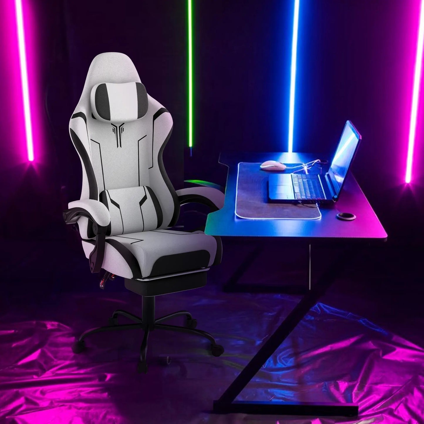 Gaming Stoel – Gamestoel – Gaming Chair – Game Stoel – Speelstoel – Verstelbaar 150-190 cm – Met Inklapbare Voetensteun – Lendensteun & Hoofdsteun – Max. 135 kg