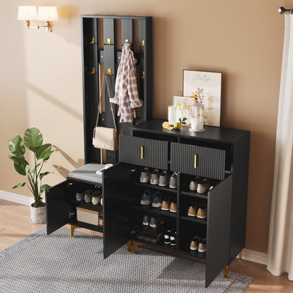 Halmeubel Set – Halmeubelcombinatie – Schoenenkast – Garderobekast – Schoenenbank – Wit – Goudkleurige Haken – Comfortabel Zithoek Met Kussen