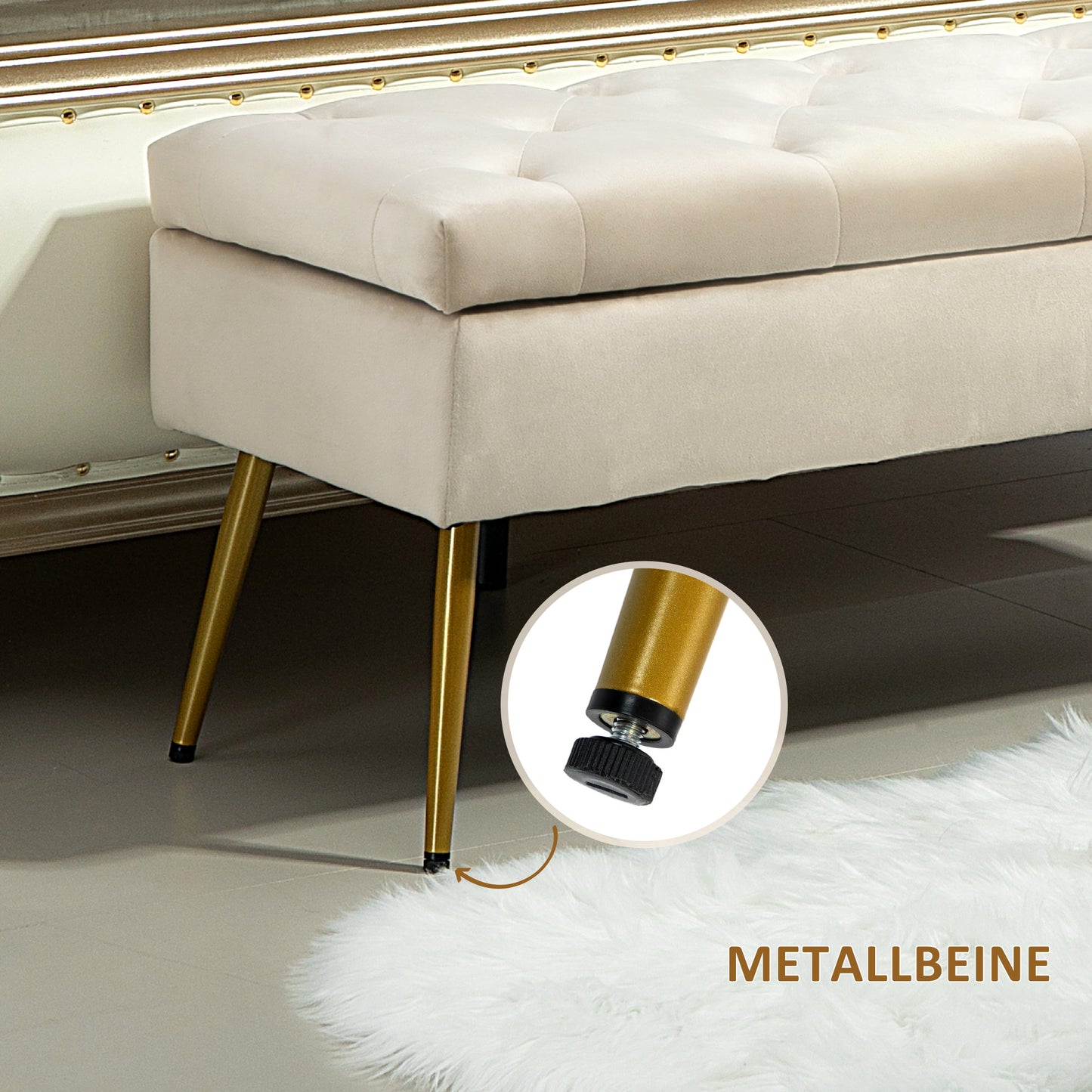 Opbergbank – Zitbank – Halbank – Opbergbox – Poef – Fluwelen Bekleding – Metalen Frame – 102x35x43 cm – Beige