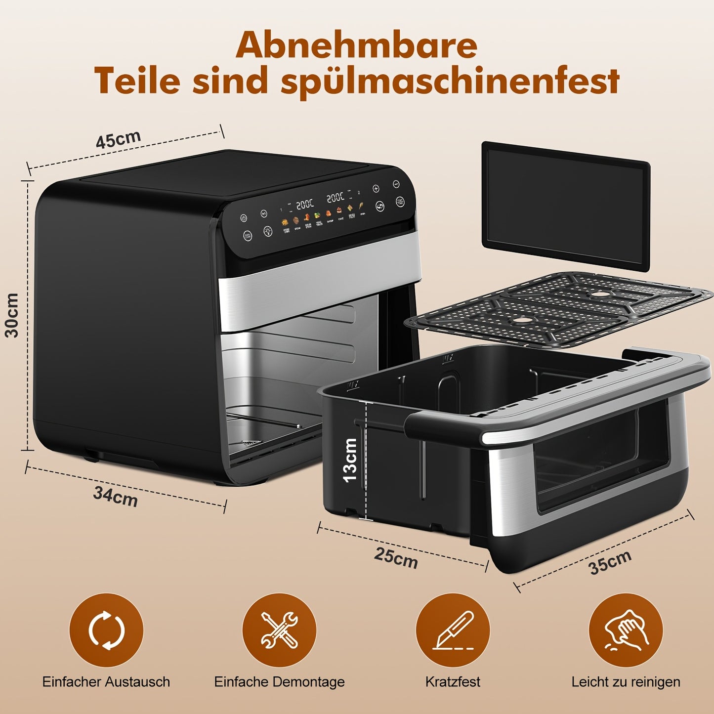 Authmic 10L Hot Air Fryer with Dual Zone/Single Chamber - 9-in-1 Multifunction Touchscreen Smart Fryer with Oil-Free, 2400W Rapid Cooking Function, Non-Stick Coated Basket & Viewing Window, 8 Preset Programs, for Family Cooki