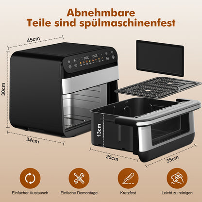 Authmic 10L Hot Air Fryer with Dual Zone/Single Chamber - 9-in-1 Multifunction Touchscreen Smart Fryer with Oil-Free, 2400W Rapid Cooking Function, Non-Stick Coated Basket & Viewing Window, 8 Preset Programs, for Family Cooki