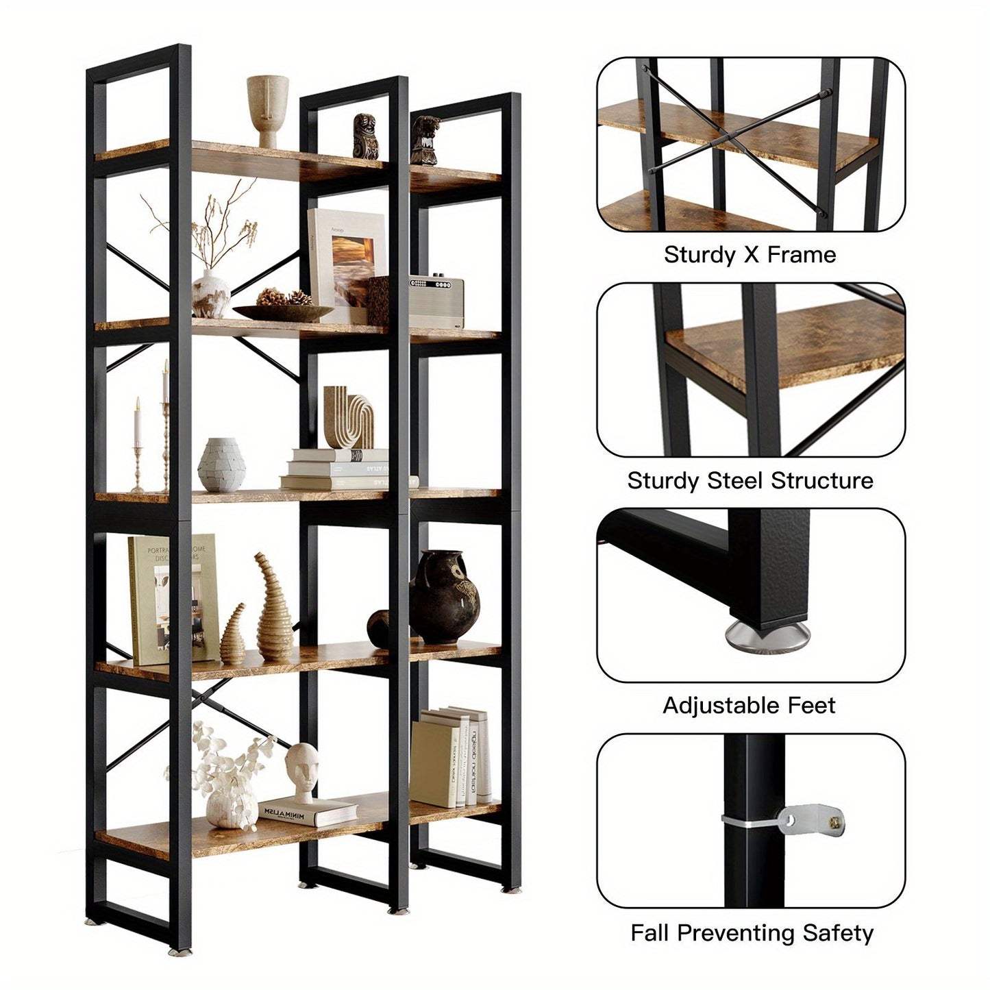Boekenplank – Boekenrek – Wandplank – Wandrek – Opbergplank – 5-laags – Hout en Metalen Frame – Stevig en Compact – Makkelijk te Monteren